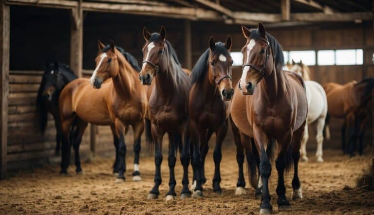 Horses being groomed in a stable