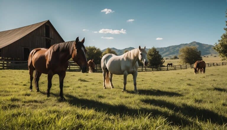 Horses grazing in a lush green pasture, with a rustic barn in the background and a clear blue sky overhead