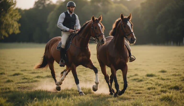 Horses being trained in an open field, with a trainer guiding them through various exercises and obstacles