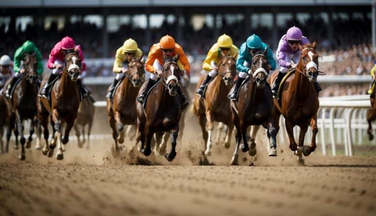 Horses racing around a track, hooves kicking up dirt, jockeys leaning forward, crowds cheering in the stands