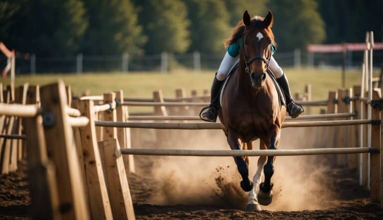 A horse being led through an obstacle course with safety measures in place to prevent injuries