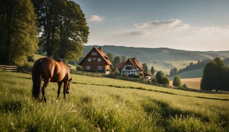 Horseback riding in Germany: lush green fields, rolling hills, and a traditional half-timbered farmhouse in the background