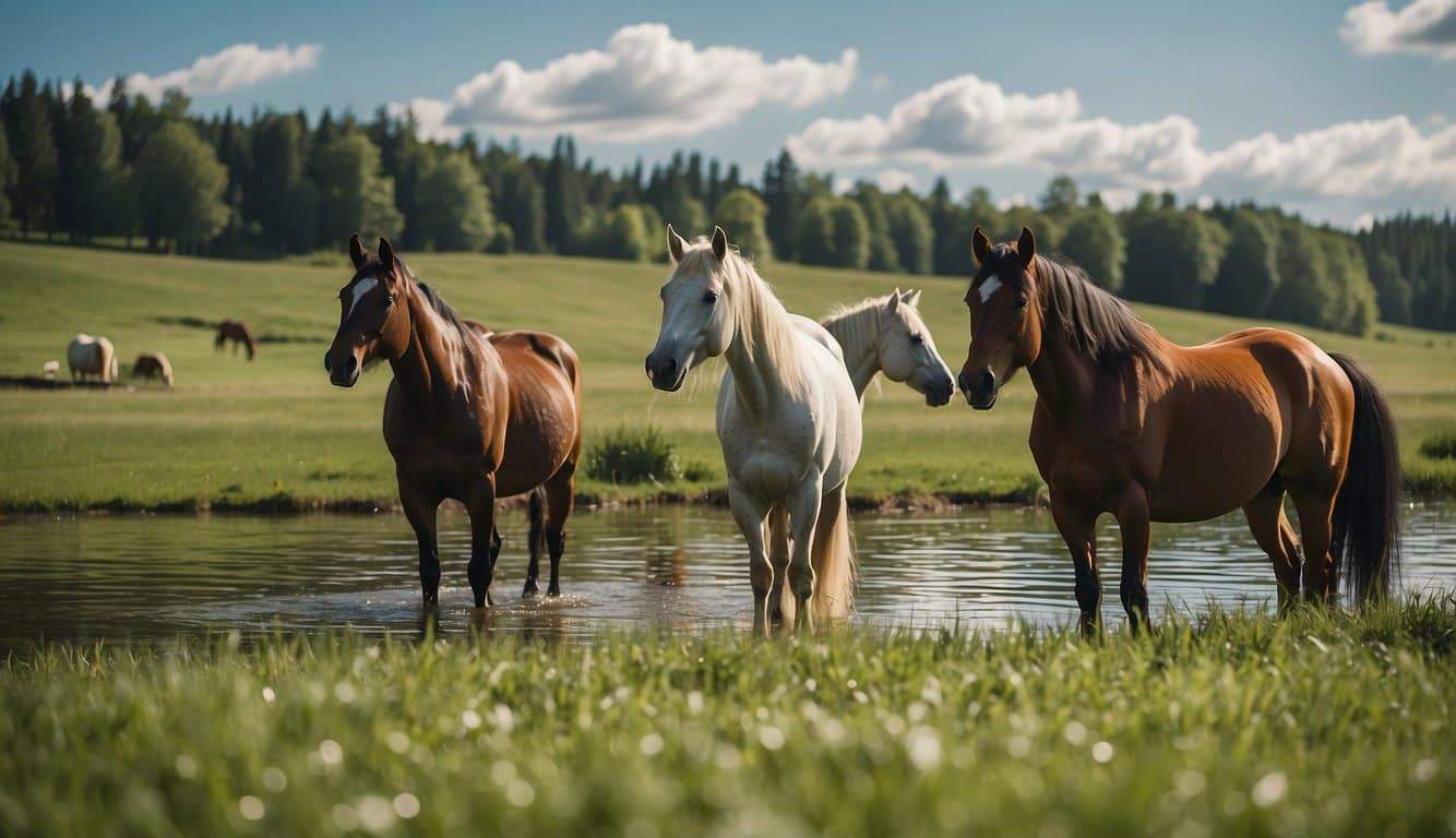 Horses grazing in a lush, green pasture with a clear, blue sky above. They are surrounded by fresh hay and clean water, with a peaceful and serene atmosphere