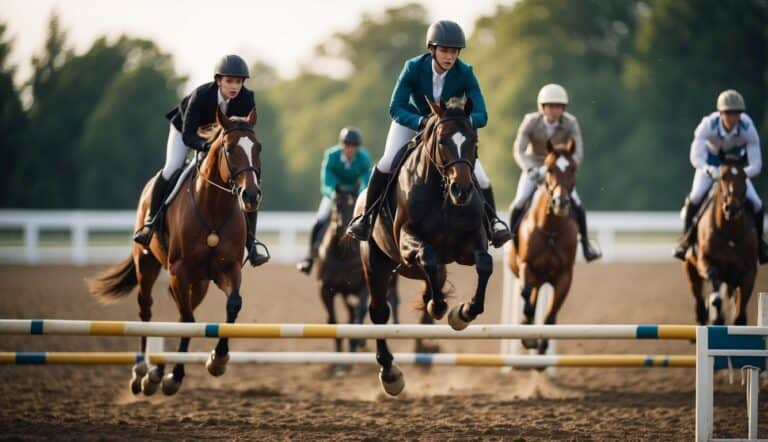 A group of young riders practicing equestrian sports in a spacious arena, jumping over colorful obstacles with focus and determination