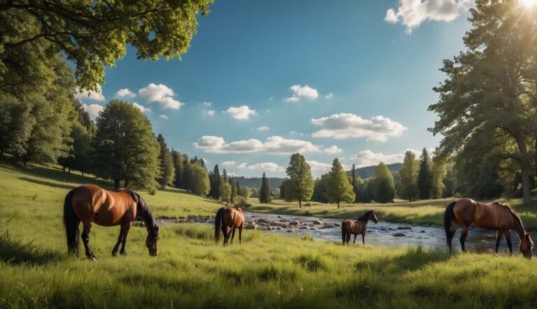 Horses grazing in a lush, green meadow surrounded by trees and a flowing stream, with clear blue skies above