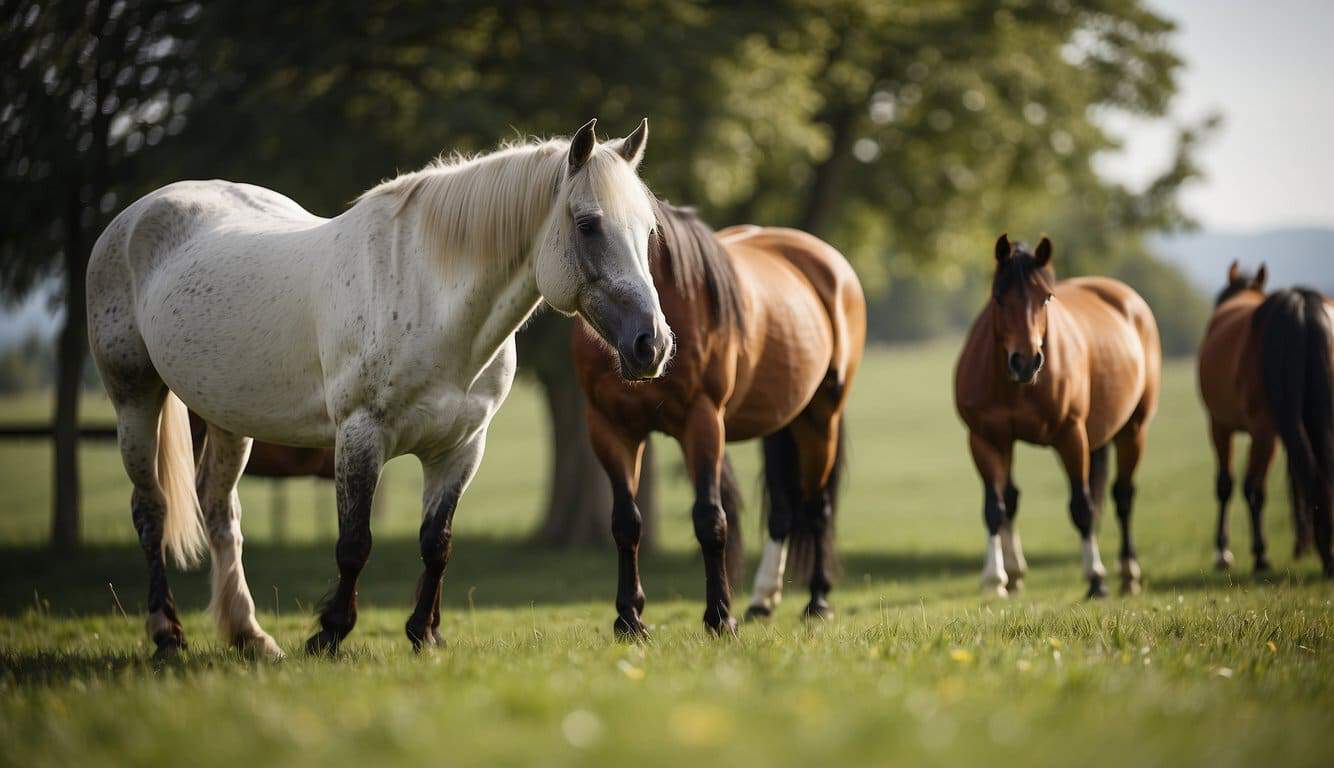 Horses grazing in a spacious green pasture, with a wooden stable in the background