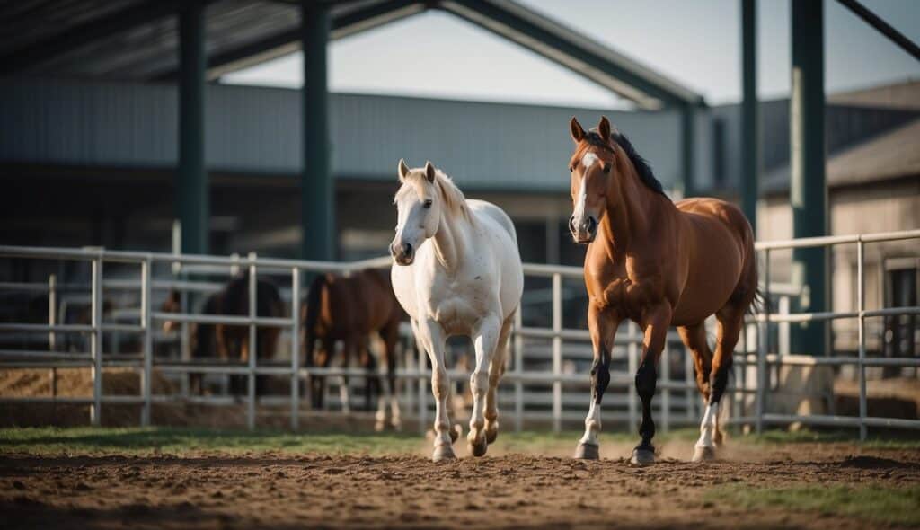 Scientific advancements in horse breeding history. Show breeding techniques, genetic research, and modern facilities