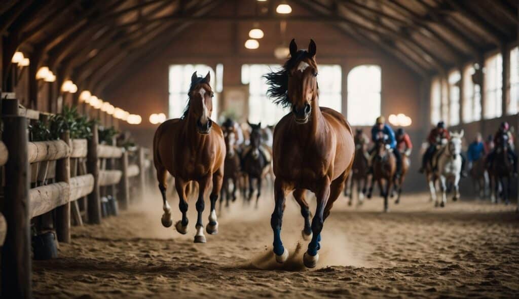 A horse galloping through a historic stable with trophies and ribbons on display, showcasing the cultural and athletic significance of horse breeding