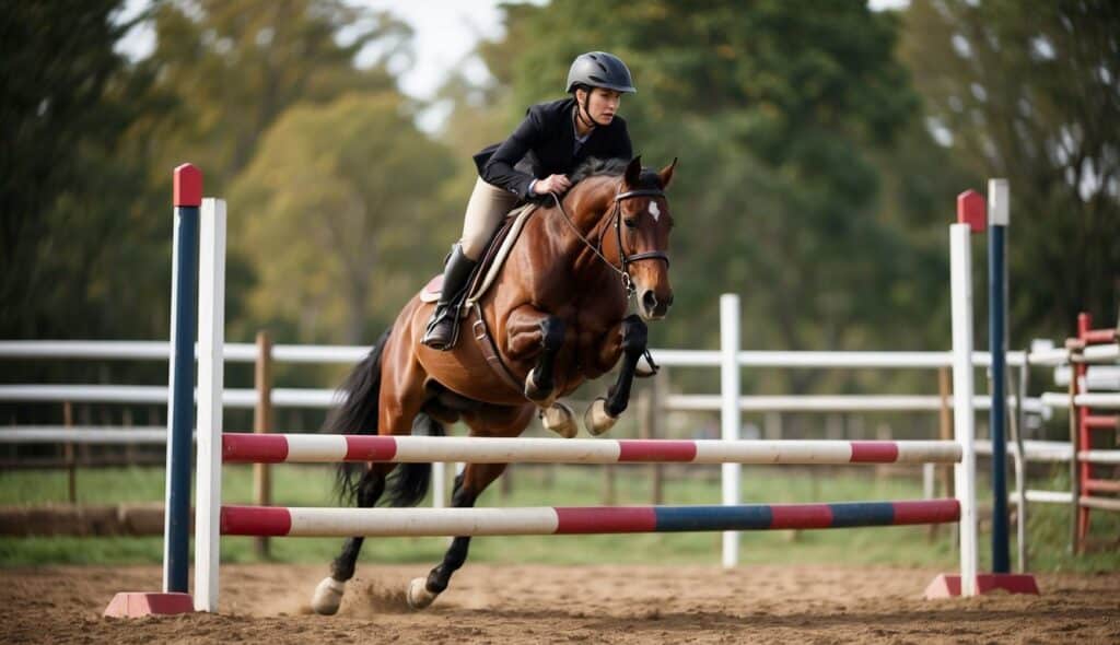 A rider confidently guides a horse over a series of small obstacles, demonstrating proper techniques to avoid falls and injuries while horseback riding