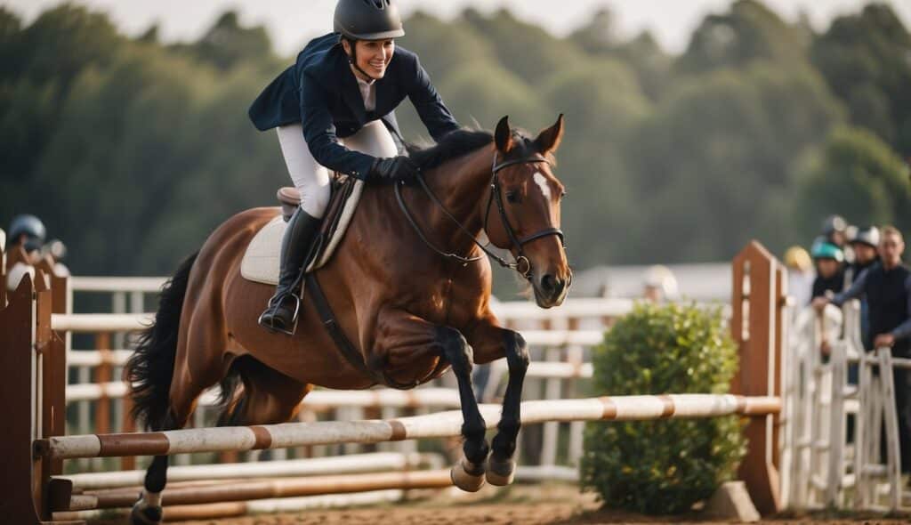 A rider confidently guides a horse over a series of small jumps, demonstrating proper form and control. The rider wears a helmet and protective gear, ensuring safety while enjoying the sport