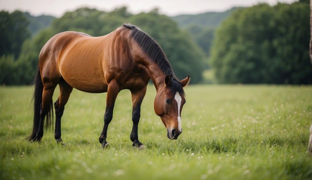 A horse grazing in a lush green pasture, with a salt lick and fresh water nearby. Hay and specialized feed are available in a clean, spacious stable