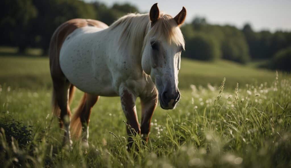 A horse peacefully grazing in a lush green pasture, with a bountiful supply of fresh, nutritious grass and clean water nearby