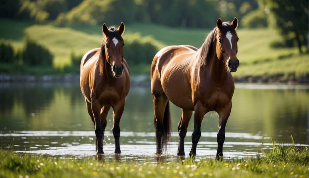 A horse peacefully grazing in a lush, green pasture, surrounded by clean water and high-quality feed. The sun is shining, and the horse appears healthy and content