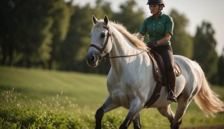 A horse and rider move gracefully in a therapeutic riding session, surrounded by green fields and gentle sunlight