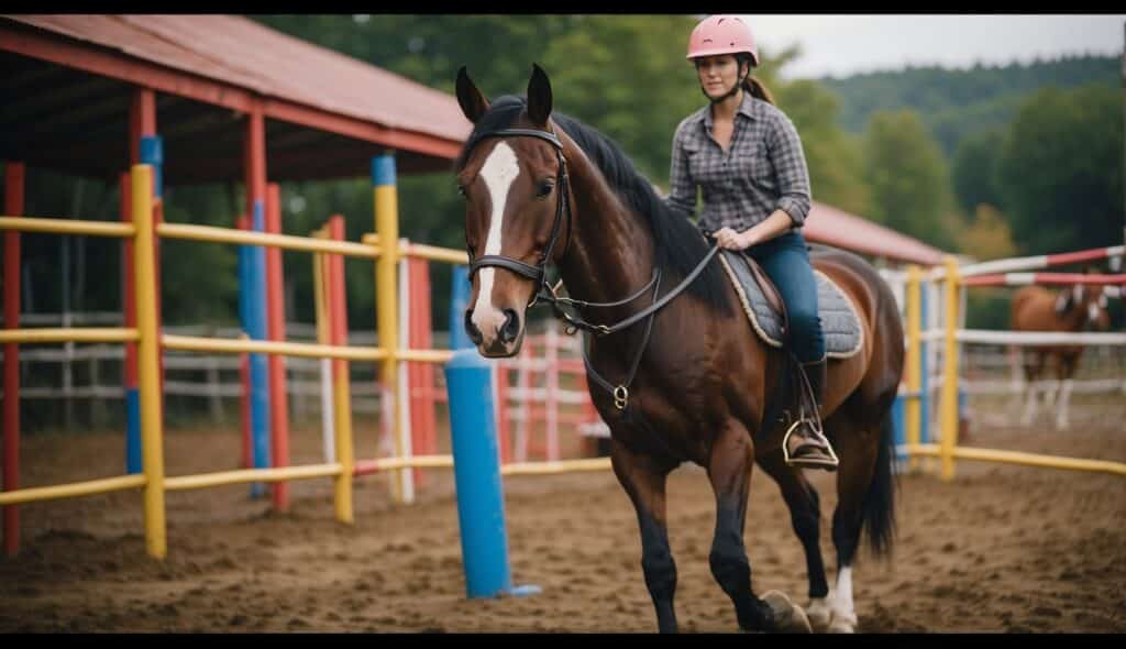 A horse is being led by a therapist in a round pen, surrounded by colorful obstacles and sensory equipment. The horse's ears are forward, showing engagement and interest in the activity