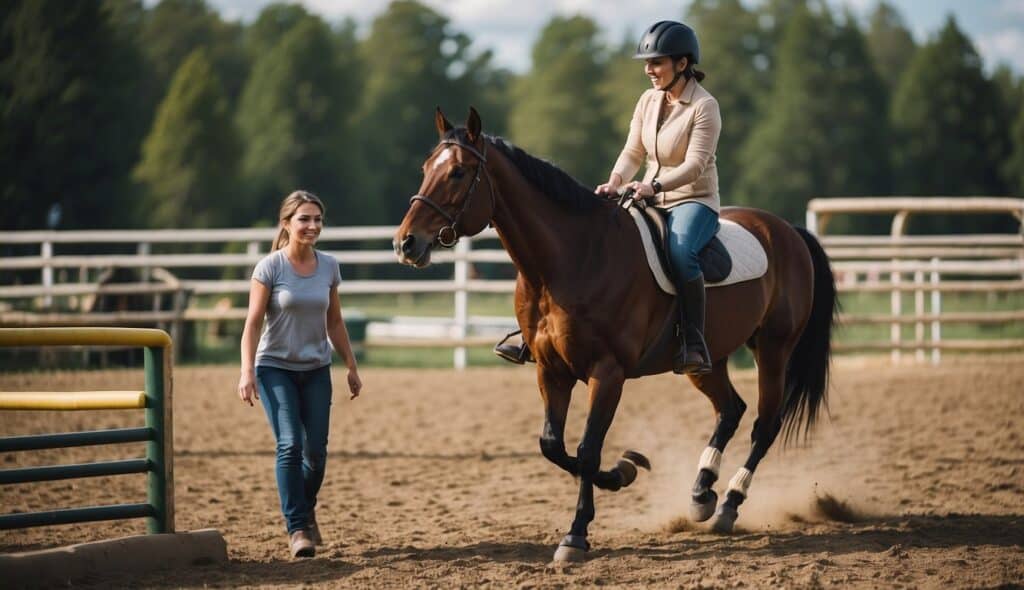 A horse being led by a therapist through an obstacle course in a therapeutic riding session