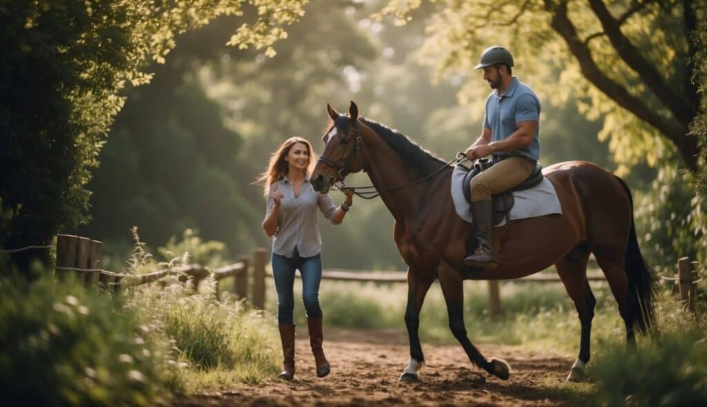 A horse is being led by a therapist through an obstacle course, surrounded by nature and a peaceful atmosphere