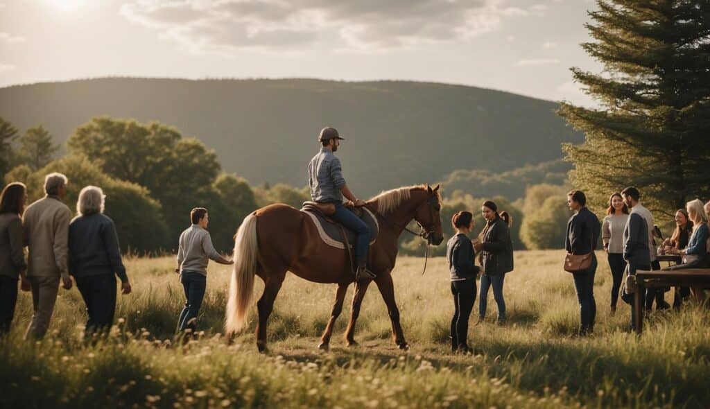 A serene landscape with a horse being led by a therapist, surrounded by supportive onlookers and a peaceful atmosphere