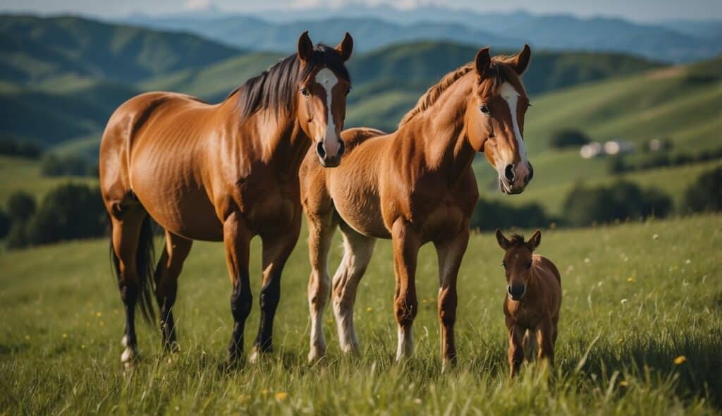 A mare and foal graze in a lush green pasture, surrounded by rolling hills and a vibrant blue sky