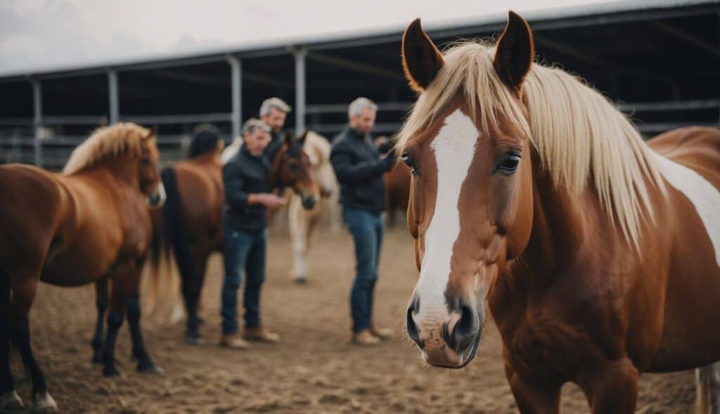 A horse breeding and management process with stables, paddocks, and feeding areas