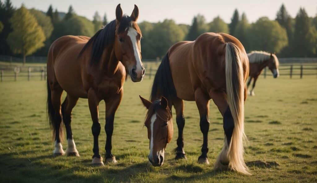 Horses grazing in a spacious, well-maintained pasture with fresh water and shelter. A veterinarian checks on their health and a caretaker ensures their well-being