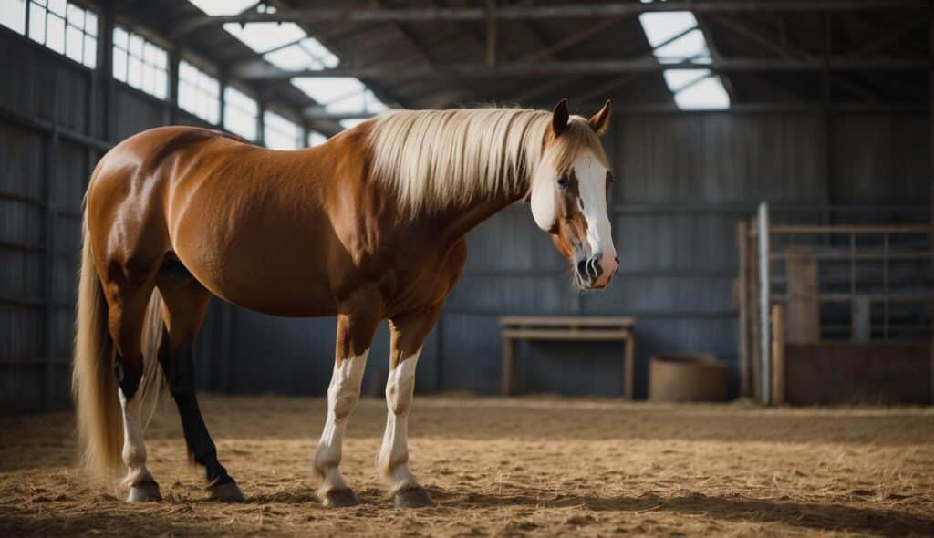 A horse being evaluated and registered in a stable setting for breeding purposes